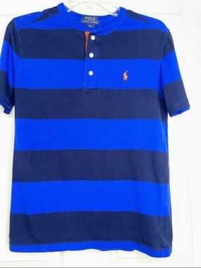 Polo by Ralph Lauren Blue & Navy Striped Henley Polo with Orange Pony